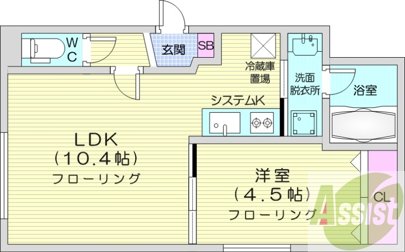 1LDK、都市ガス、エアコン、独立洗面台、システムキッチン
