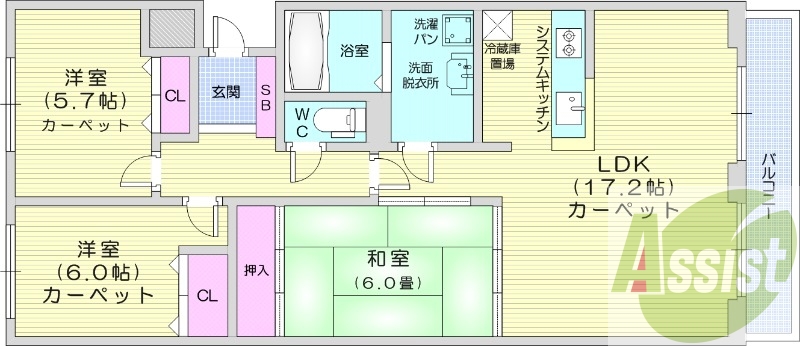 3LDK、都市ガス、トランクルーム、モニタ付インターホン