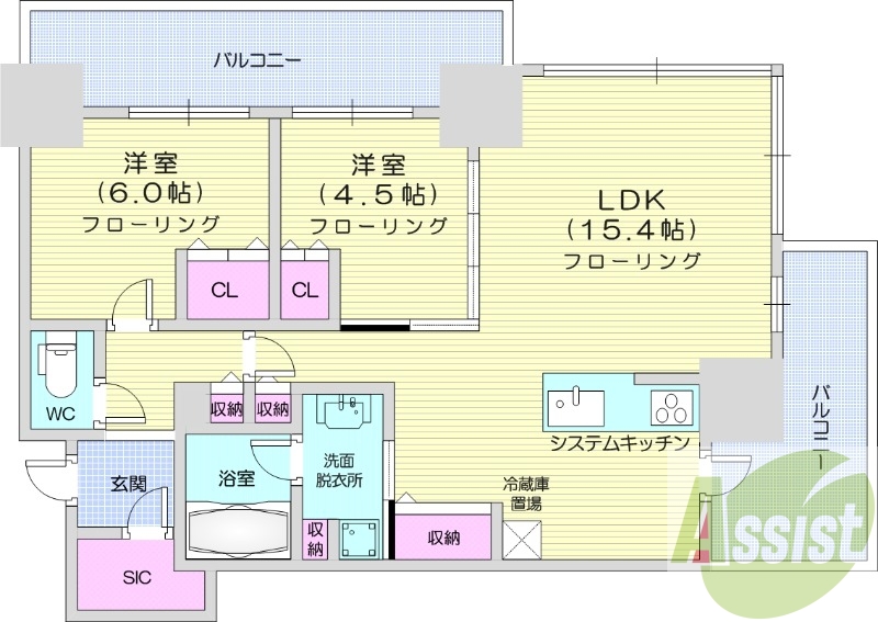 2LDK、都市ガス、追い焚き、浴室乾燥、システムキッチン
