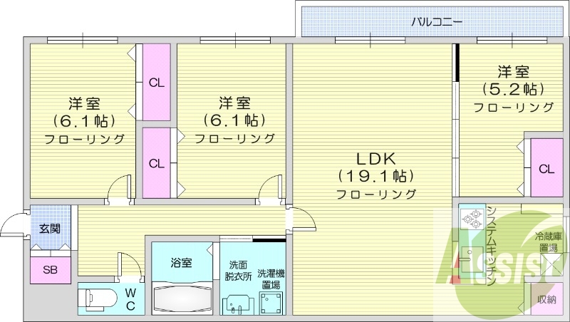 3LDK、都市ガス、エアコン、追い焚き、浴室乾燥機