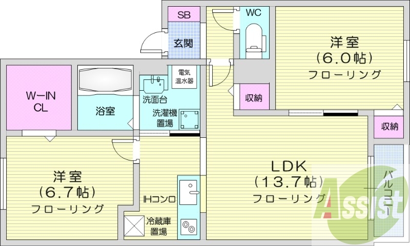 2LDK、オール電化、インターネット無料、エアコン