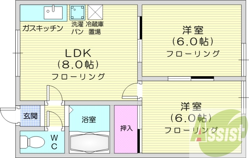 2LDK、灯油暖房、室内洗濯機置場、バストイレ別