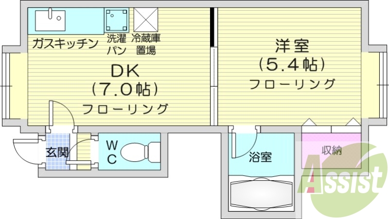 1DK、バストイレ別、エアコン、室内洗濯機置き場