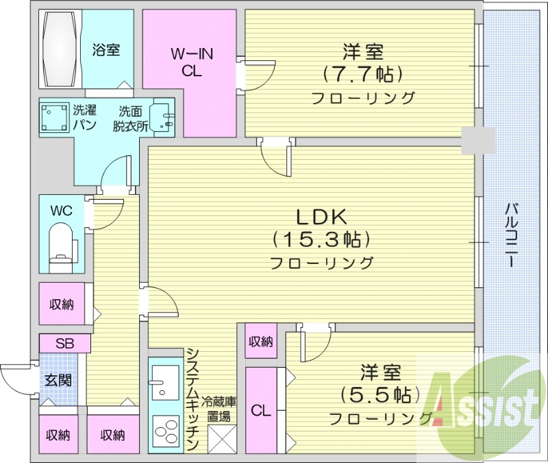 2LDK、分譲、IHシステムキッチン、宅配ボックス