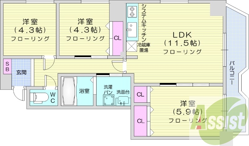 3LDK、都市ガス、シャワートイレ、システムキッチン