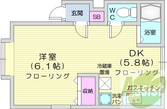 1DK、都市ガス、バストイレ別、暖房灯油FF