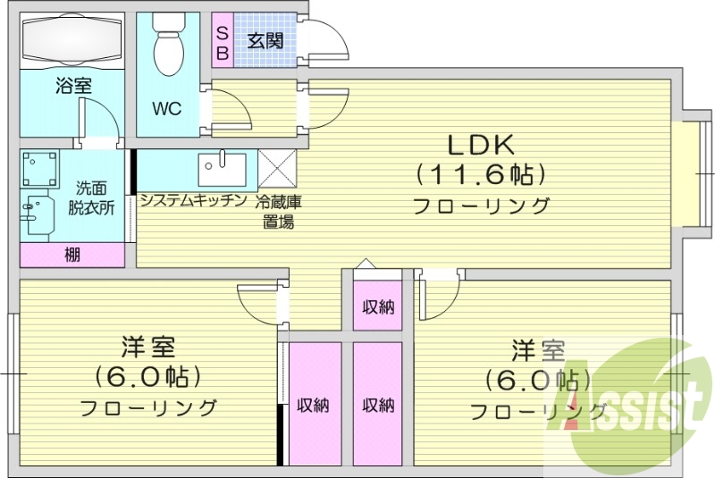 2LDK、敷地内駐車場、灯油暖房、光ファイバー