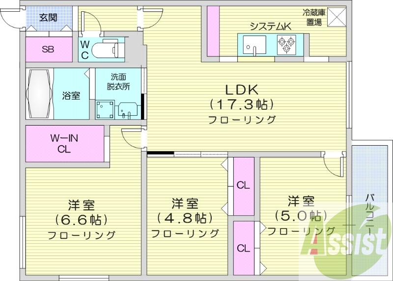 3LDK、都市ガス、エアコン、追い焚き、浴室乾燥機