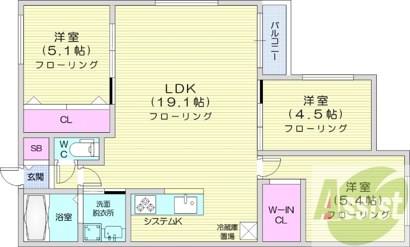 3LDK、都市ガス、エアコン、追い焚き、浴室乾燥機