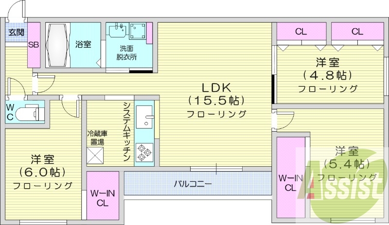 3LDK、都市ガス、エアコン、追い焚き、浴室乾燥機