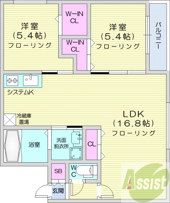 2LDK、都市ガス、エアコン、システムキッチン