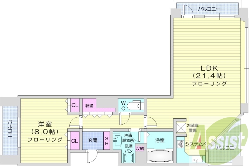 1LDK、分譲、都市ガス、システムキッチン、床暖房