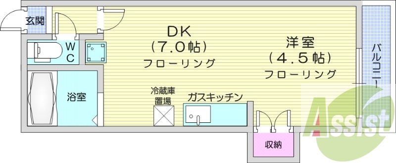 1DK、バストイレ別、ガスキッチン