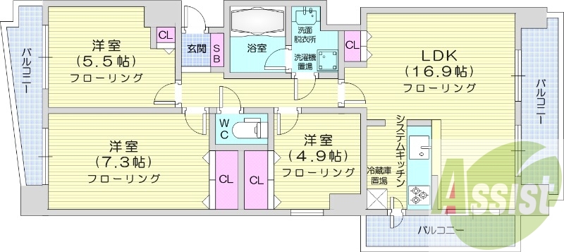 3LDK、都市ガス、システムキッチン、追い焚き