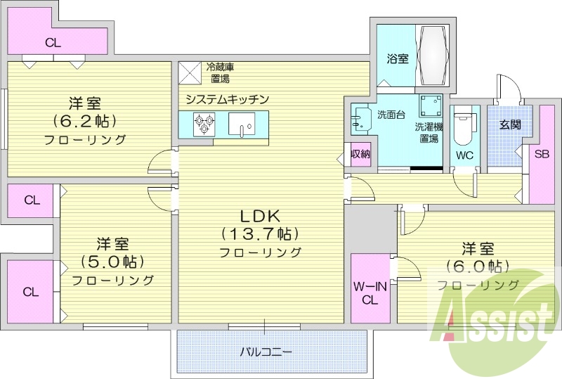 3LDK、追い焚き、エアコン、浴室乾燥機、システムキッチン