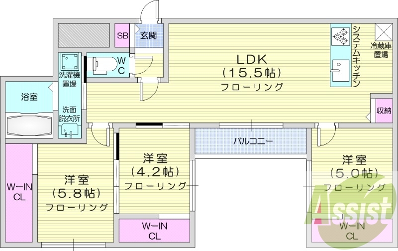 3LDK、エアコン、ウォークインクローゼット、システムK