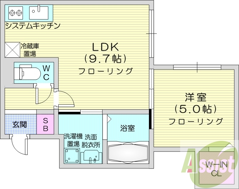 1LDK、都市ガス、エアコン、ネット使用料不要、宅配ボックス