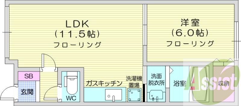 1LDK、都市ガス、浴室乾燥機、独立洗面台