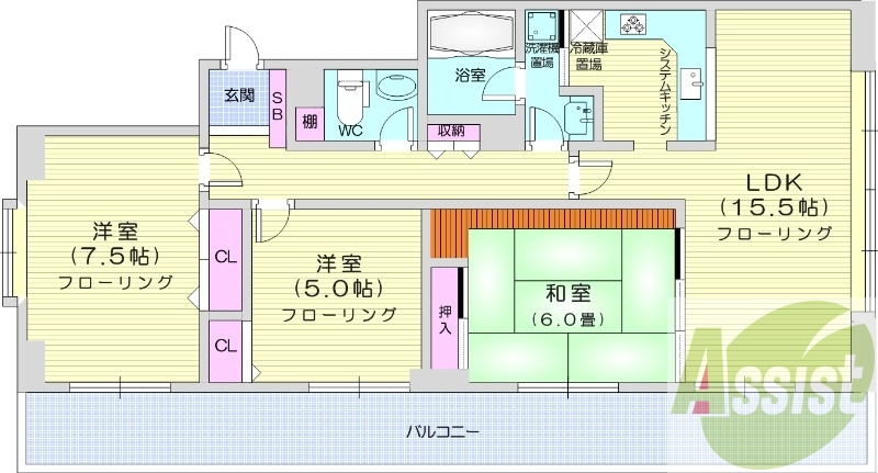 3LDK、システムキッチン、浴室乾燥機、バルコニー