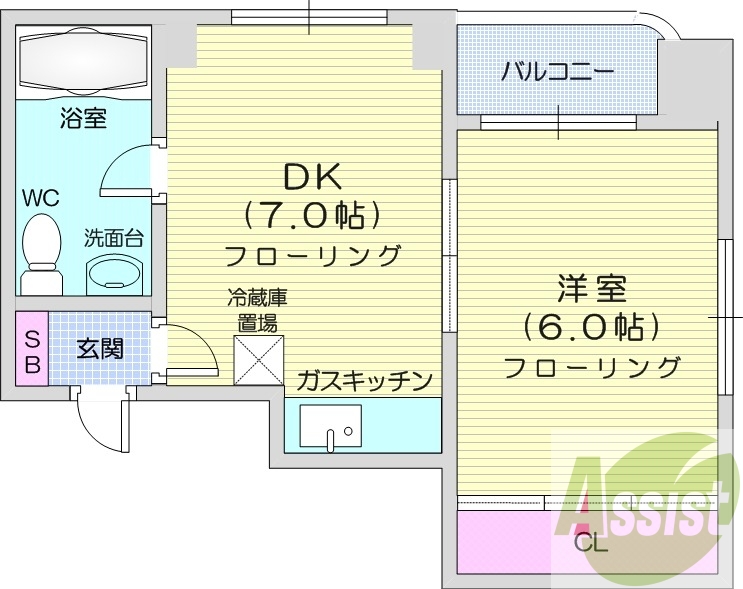 1DK、バルコニー、エレベーター、クローゼット