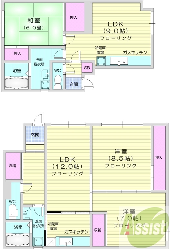 3LLDK、独立洗面台、バストイレ別、灯油暖房