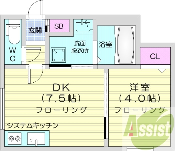 1LDK、エアコン、灯油暖房、システムキッチン
