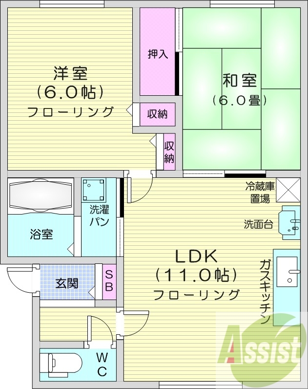 2LDK、エアコン、独立洗面台、バストイレ別
