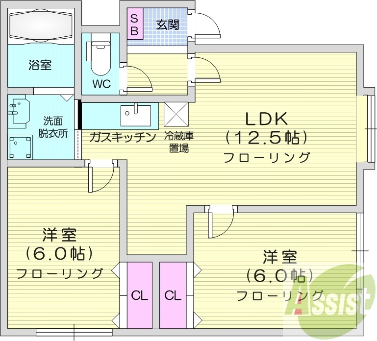 2LDK、エアコン、独立洗面台、ガスキッチン