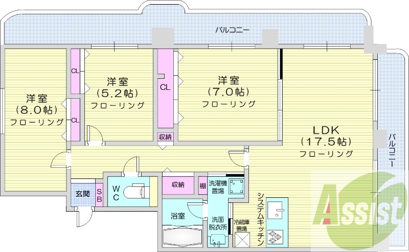 3LDK、エアコン、灯油暖房、システムキッチン