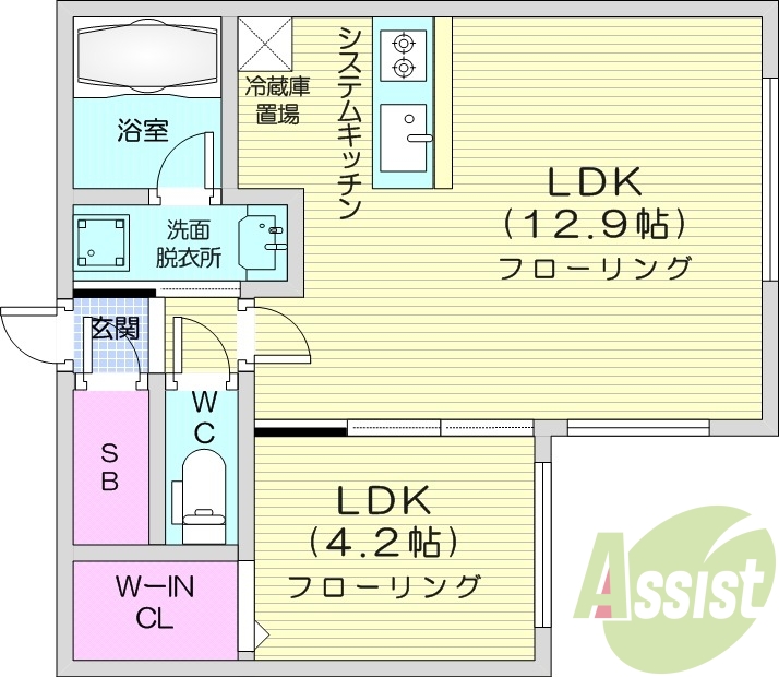 1LDK、エアコン、都市ガス、システムキッチン
