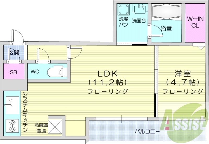 1LDK、エアコン、都市ガス、システムキッチン
