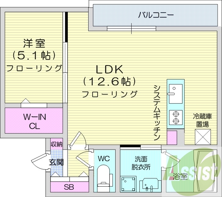 1LDK、エアコン、都市ガス、システムキッチン