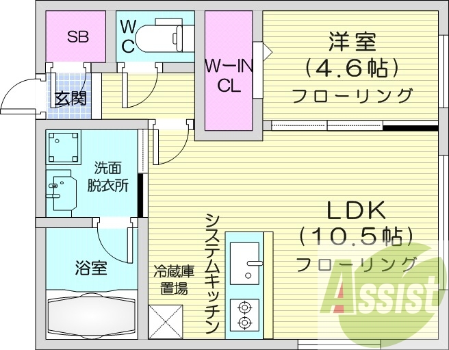 1LDK、エアコン、都市ガス、システムキッチン