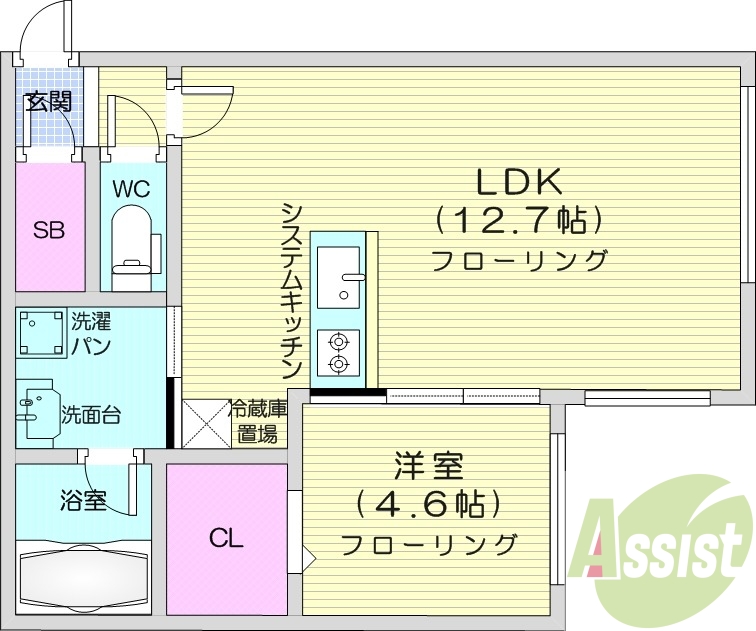 1LDK、エアコン、都市ガス、システムキッチン