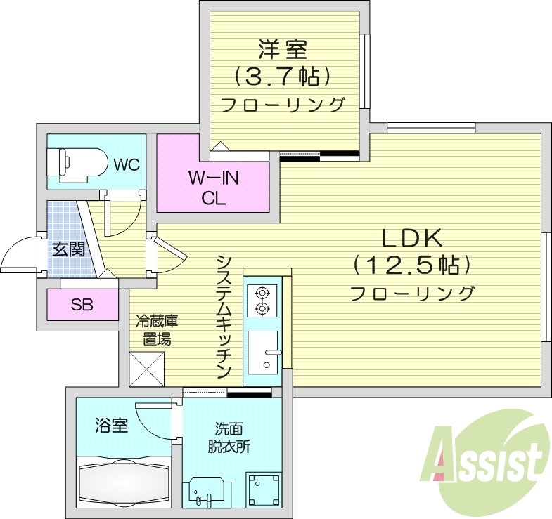1LDK、エアコン、都市ガス、システムキッチン