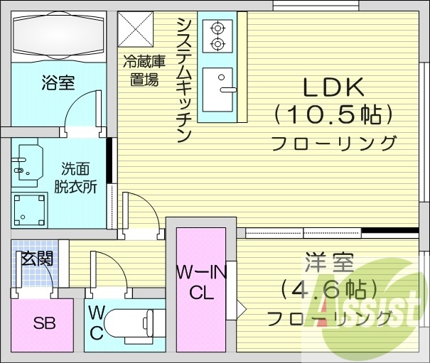 1LDK、エアコン、都市ガス、システムキッチン
