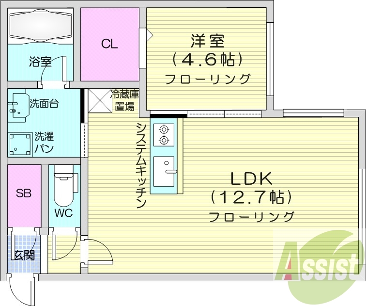1LDK、エアコン、都市ガス、システムキッチン