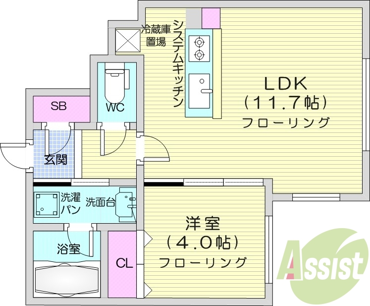 1LDK、エアコン、都市ガス、システムキッチン