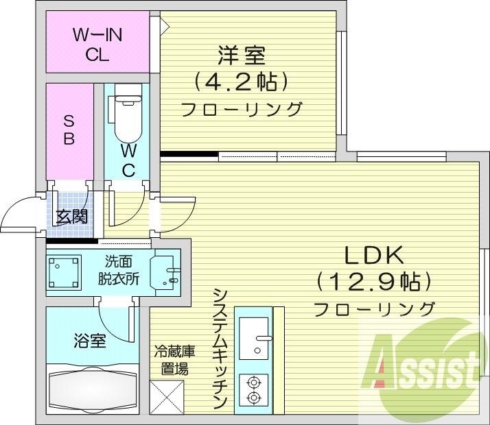 1LDK、エアコン、都市ガス、システムキッチン