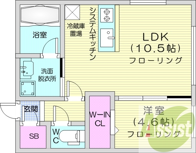 1LDK、エアコン、都市ガス、システムキッチン