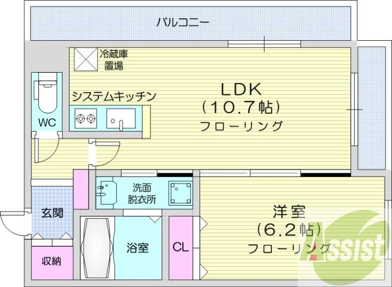 1LDK、エアコン、システムキッチン、独立洗面台