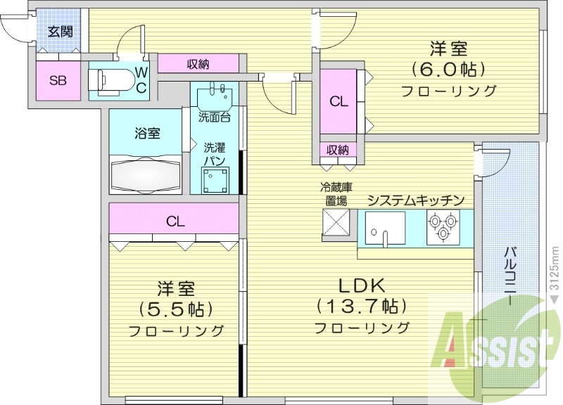 2LDK、エアコン、システムキッチン、独立洗面台