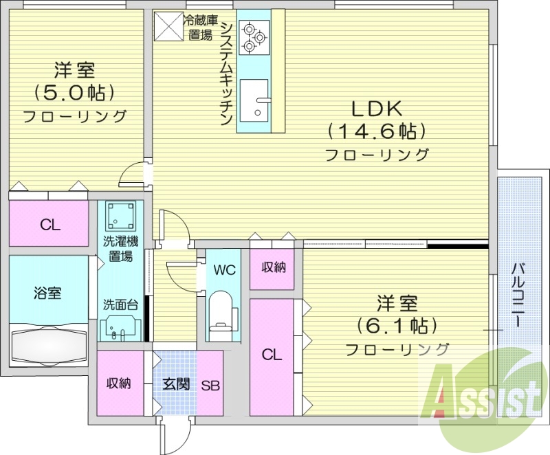 2LDK、エアコン、システムキッチン、独立洗面台