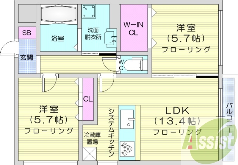 2LDK、エアコン、システムキッチン、独立洗面台