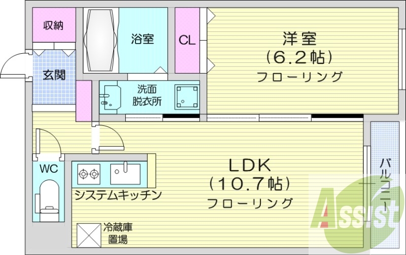 1LDK、エアコン、システムキッチン、独立洗面台