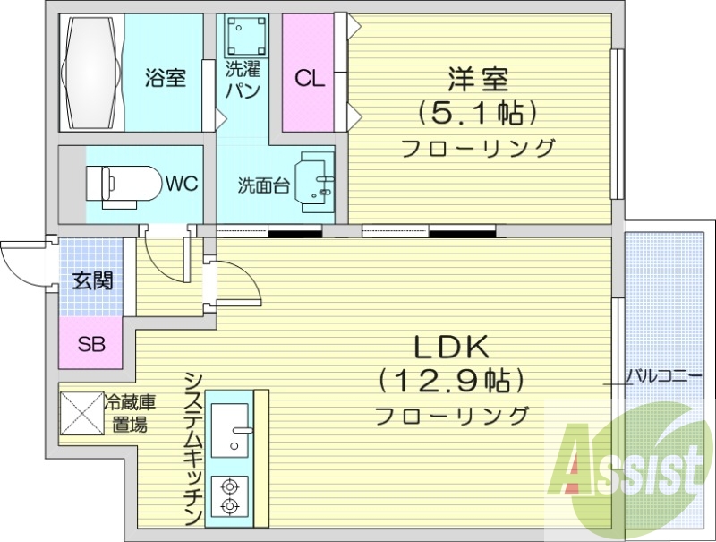 1LDK、エアコン、システムキッチン、独立洗面台