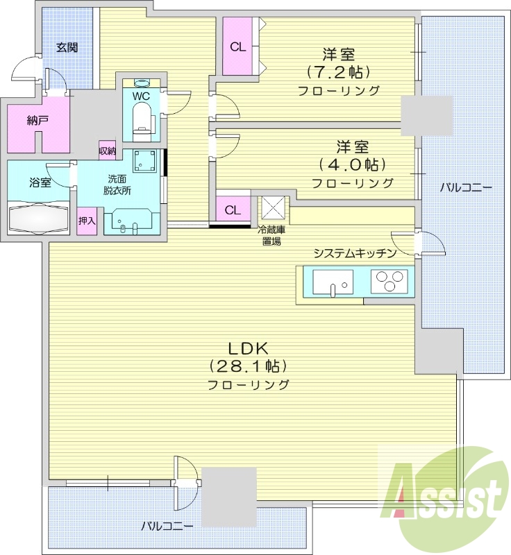2LDK、エアコン、システムキッチン、独立洗面台、