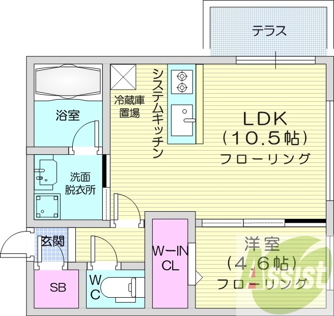 1LDK、エアコン、都市ガス、システムキッチン