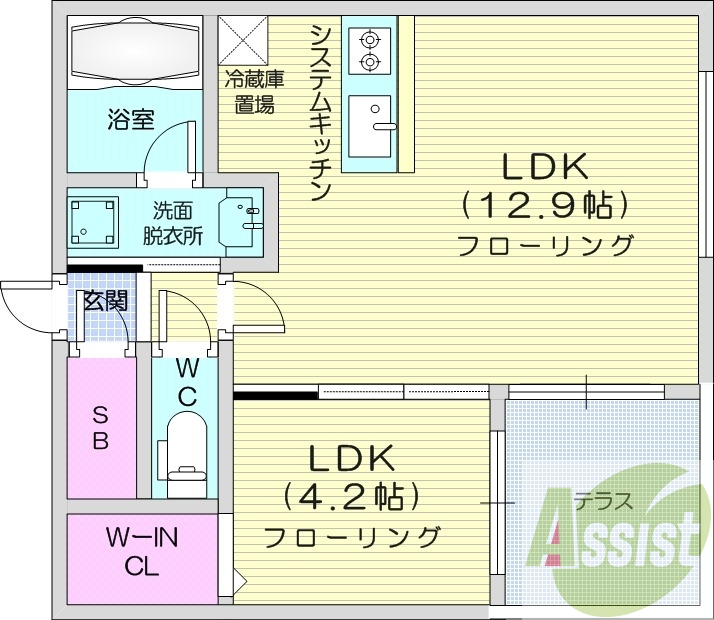 1LDK、エアコン、都市ガス、システムキッチン