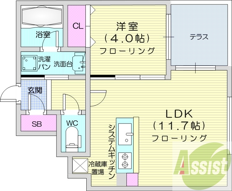 1LDK、エアコン、都市ガス、システムキッチン